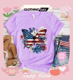 Women Basic American Independence Day Star Stripe Flag Butterfly Printed Round Neck Short-sleeved T-shirt Spring Crew Neck T-shirt With Star Print, Summer Crew Neck T-shirt With Star Print, Casual Independence Day T-shirt With Star Print, Casual T-shirt With Star Print For Spring, American Flag Print Graphic Tee For Spring, Spring T-shirt With Flag Print, Spring Graphic Tee With Flag Print, Spring Short Sleeve T-shirt With Flag Print, Spring Graphic Tee With Star Print