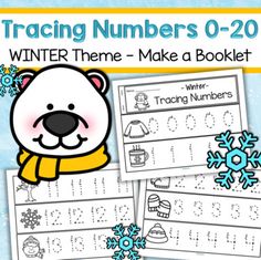 two winter themed worksheets with the words trace numbers 0 - 20 and an image of