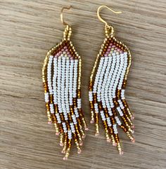 Stunning, delicate seed bead earrings with chevron pattern, with a white foundation and gold-tipped edges ready to catch the light and capture the eye. Handmade with fine Czech glass beads and gold-plated findings. White Foundation, Rainbow Top, Bead Fringe, Gold Tips, Small Rose, Earrings Small, Beaded Fringe, Seed Bead Earrings, Bead Earrings