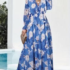 Floral Print Pleated Dress, Vacation V Neck Long Sleeve Maxi Dress, Women's Clothing Pink-S(4) Blue Long Sleeve Maxi Dress For Vacation, Blue Long Sleeve Dresses For Vacation, Blue Floral Print Long Sleeve Maxi Dress, Light Blue Long Sleeve Midi Dress For Beach, Light Blue Long Sleeve Midi Dress For The Beach, Spring Light Blue Long Sleeve Maxi Dress, Light Blue Long Sleeve Maxi Dress For Spring, Blue Long Sleeve Midi Dress For Vacation, Light Blue Long Sleeve Maxi Dress For Brunch