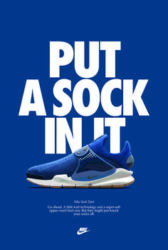 a blue poster with the words put a sock in it and a shoe on top