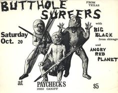 an old poster with two men holding swords and another man standing behind them in front of the words, butthole surfers