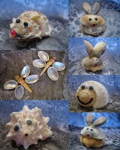 shells and seashells are arranged in the shape of animals, with faces on them