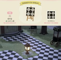 an animal crossing game is shown in two different screens, one with a lantern and the other with a checkerboard pattern