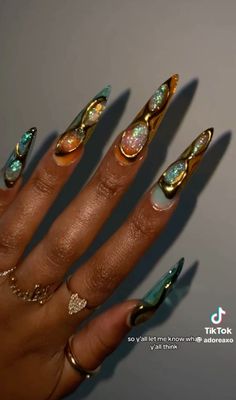 Big Nails Designs, Medusa Nail Design, Unique Long Nails, Stained Glass Acrylic Nails, Romani Nails, Flashy Nail Designs, Chakra Nails Designs, Kali Nails, Elaborate Nails