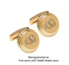 "These gold cufflinks can be custom engraved with a name, date or monogrammed initials. Personalized cufflinks make great wedding gifts for your groomsman or best man. The high polished gold finish looks stunning when personalized with an engraving. All of our high quality cufflinks are precision laser engraved by our expert team of engravers with a very quick turnaround time. Material: Hand Polished Stainless Steel Plated with Gold Dimension: 0.625\" x 0.625\" Black Leatherette Gift Box How To Classic Engraved Jewelry For Formal Occasions, Classic Formal Jewelry With Engraved Text, Formal Gold Jewelry With Engraved Text, Classic Personalized Round Cufflinks, Classic Round Personalized Cufflinks, Gold Polished Finish Cufflinks For Gift, Classic Personalized Initials Cufflinks, Classic Personalized Cufflinks For Father's Day, Classic Initials Cufflinks For Personalized Gift