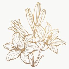 a drawing of some flowers on a white background with gold foiling in the middle