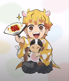 an anime character holding a cow and smiling