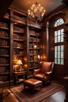 a chair in front of a bookshelf with chandelier and lamps on it