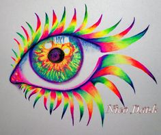 an eye with colorful feathers painted on it