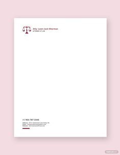 a letterhead with a red and white logo on it, in front of a pink background