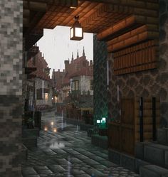 an image of a rainy day in minecraft with rain coming down on the street