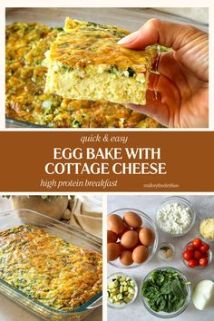 egg bake with cottage cheese in a baking dish and ingredients to make it into a casserole