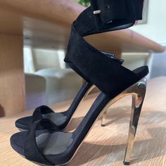 These Are Beautiful High Heeled Evening Wear Sandals. They Come As Is. Chic Evening Sandals With Round Toe, Chic Evening Closed Toe Sandals, Open Heel Sandals With 4-inch Heel For Galas, Sandals With Wrapped Heel For Night Out, Elegant Sandals With Reinforced Heel For Night Out, Luxury Open Heel Sandals For Party, Chic Heels With Heel Strap For Galas, Chic Sandals With Sculpted Heel For Gala, Designer Sandals With 4-inch Heel For Gala