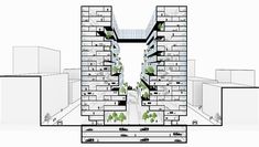 an architectural drawing of a tall building with lots of windows and plants growing on it