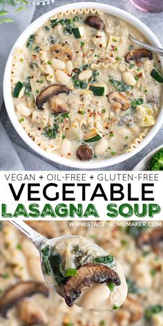 a bowl of vegan vegetable lasagna soup with mushrooms and spinach on the side