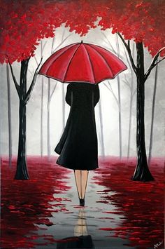 a painting of a woman walking in the rain with an umbrella over her head and trees behind her