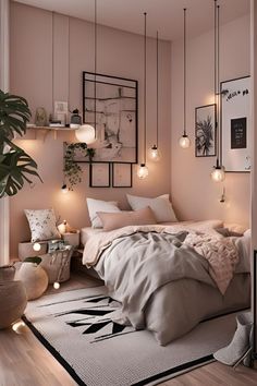 a bedroom with pink walls and white bedding in the corner, surrounded by hanging lights