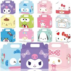 hello kitty gift boxes with bows and cartoon characters on them, all in different colors