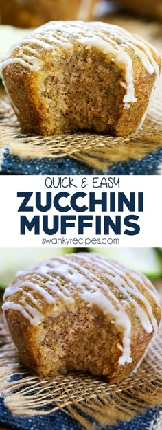 a muffin with white frosting on top and the words quick easy zucchini muffins above it