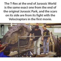 two men standing next to an elephant in a museum with the caption that reads, the t - rex at the end of jurassic world is the same exact one from the end