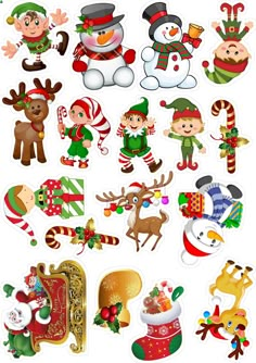 christmas stickers are shown in various styles and colors, including snowman, reindeer, santa