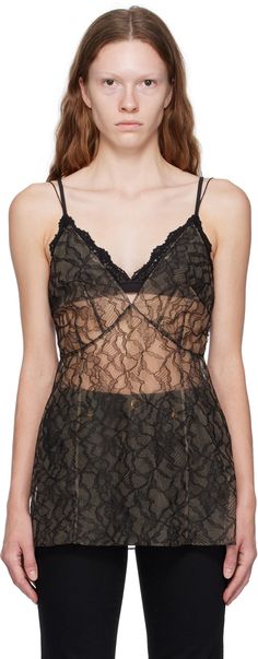 Sheer nylon- and viscose-blend Chantilly lace camisole. · Plunging V-neck · Darts at front · Vented side seams · Fixed spaghetti shoulder straps · Keyhole cutout and button fastening at back · Full tulle lining Supplier color: Black Lace Camisole, Chantilly Lace, Black Body, Luxury Streetwear, Shoulder Straps, Spaghetti, Women Wear, Perfect Clothing, V Neck