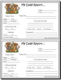 two children's daily report sheets with teddy bears on them