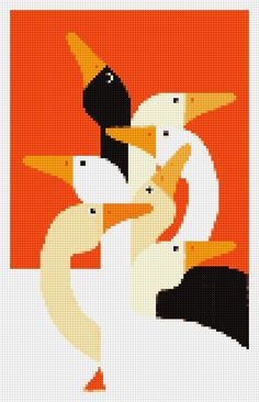 two geese cross stitched together in front of an orange background with black and white birds