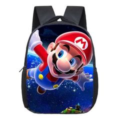 a backpack with an image of mario in the sky and stars on it's back