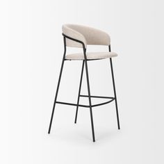 an upholstered bar stool with a black frame and seat, in front of a white background