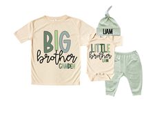 Big Brother/ Little Brother Set Includes: Big Sibling shirt  Little Brother Bodysuit Beanie 0-3 M Pants Big Brother Little Brother Shirts, Big Brother Shirts, Big Brother Little Brother, Big Brother Big Sister, Big Brother Shirt, Outfit Matching, Sibling Shirts, Brother Shirts, Take Home Outfit