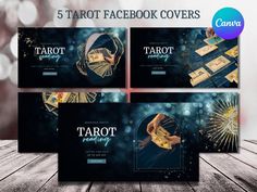 four facebook covers with gold and black designs on them, including the text tarot