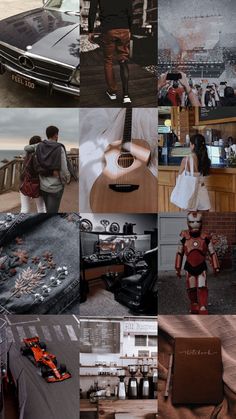 a collage of photos with people, cars and objects in the middle one has a guitar on it