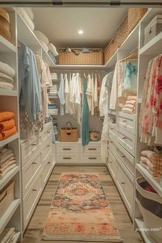 a walk in closet with lots of clothes and rugs