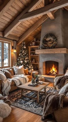 a living room filled with furniture and a fire place in the middle of a room