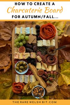 an autumn board with different types of cheese, crackers and other foods on it