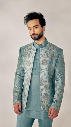 Shop this look at https://jatinmalikcouture.com/the-chateau-groom-short-jacket-jm-ss22-sj-04 Jatin Malik, Groom Dress Men, Men's Wedding Outfit, Gents Kurta, Mens Kurta Designs