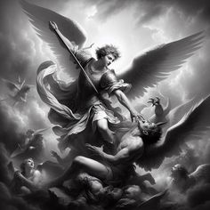 an angel is on top of a demon in the sky with two other angels behind him