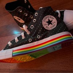 [Nwot] Converse Limited Edition Pride Edition These Are Super Cool Limited Edition Pride Edition Converse High Tops With Rainbow Lightning Bolts On Black. Soles Are Rainbow On Sides And Bottom Both. Finding This Style In Mint Condition Is Pretty Rare, So Grab Them While You Can. Brand: Converse Size: Women's 7; Men's 5 Style: High Tops With Rainbow Soles Condition: Mint / Never Worn.. Have Been Stored In A Plastic Show Box In A Smoke Free, Perfume Free, Cat Free Home. Feel Free To Comment Or Mes Converse With Butterflies, Customizing Converse, Rainbow Aesthetic Outfit, Costom Shoes, Punk Converse, Decorated Converse, Neon Converse, Pride Converse, Converse Rainbow