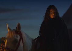 a woman standing next to a white horse