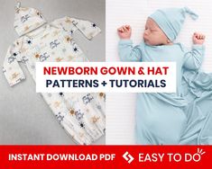 newborn gown and hat sewing pattern with instructions for beginners to sew, easy to do