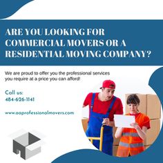 an advertisement for moving company with a man holding a piece of paper in front of him