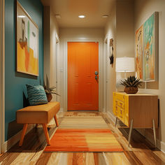 an orange door is in the hallway next to a yellow chair and two side tables