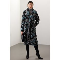 Black floral faux fur (100% Polyester). Jacket. Long sleeves. Collar. Tie closure. 47" from shoulder to hemline. Imported. Bold Floral Print, Polyester Jacket, Rent The Runway, Jacket Long, Closet Designs, Hutch, Blue Print, Black Floral, Blue Black