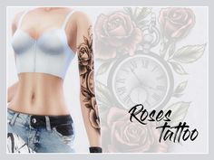 a woman with tattoos on her arm and chest next to an image of a rose tattoo