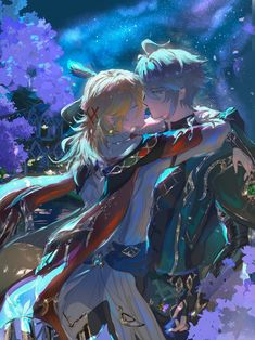 two anime characters hugging each other in front of purple trees and blue sky with stars