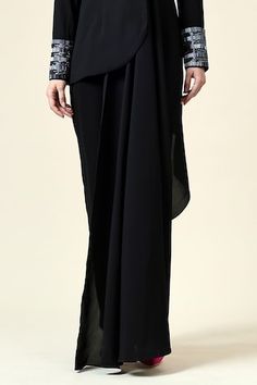 Black blazer with asymmetric flared panel and metallic tube beads embroidered cuffs. Paired with matching pant. - Aza Fashions Elegant Pants With Traditional Drape For Parties, Elegant Party Pants With Traditional Drape, Embroidered Cuffs, Pant Women, Pant For Women, Pant Sets, Girl Online, Kids Pants, Indian Designer Wear