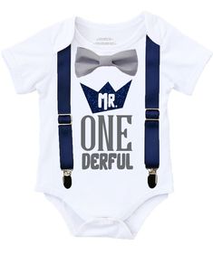 a white bodysuit with blue suspenders and a bow tie on it that says mr one derful