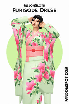 a woman in a green kimono with pink flowers on it and the words, melonsloth furisode dress